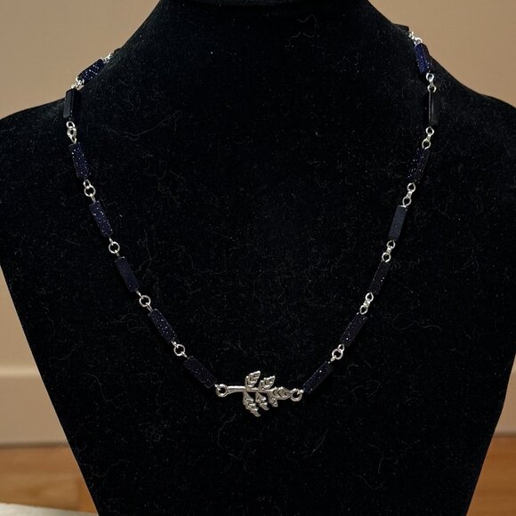 Dark Blue Goldstone Short Necklace w/ Silver Leaf Branch Pendant - Picture 3 of 14